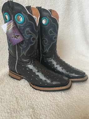 NWT Reparo TX Men's Ostrich Print Black Square-toe Western Cowboy Boot Size 10.5